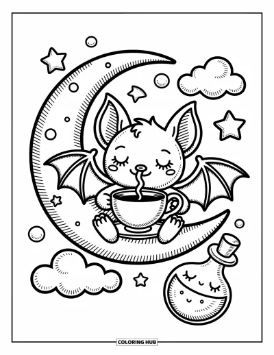 Disegno inquietante e psichedelico da colorare per adulti: Un pipistrello rilassato con ali tozze è sdraiato su una luna crescente con una bottiglietta di pozione assonnata