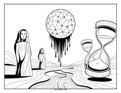 Disegno inquietante e psichedelico da colorare per adulti: Una luna incrinata gocciola in un deserto pieno di statue senza volto e clessidre contorte