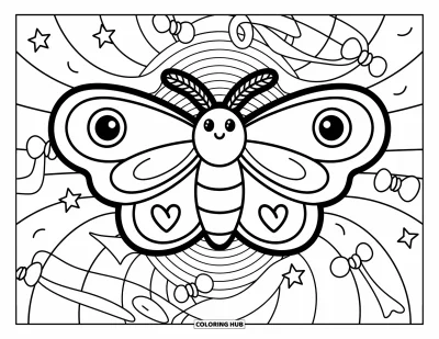 Disegno inquietante e psichedelico da colorare per adulti: Una falena carina con ali a forma di cuore deriva tra forme vorticose e stelle di caramella