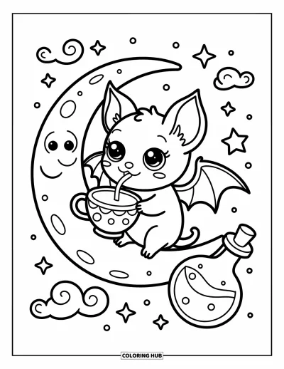 Disegno inquietante e psichedelico da colorare per adulti: Un pipistrello sognante si rilassa su una luna crescente circondato da stelle frizzanti e pozioni assonnate