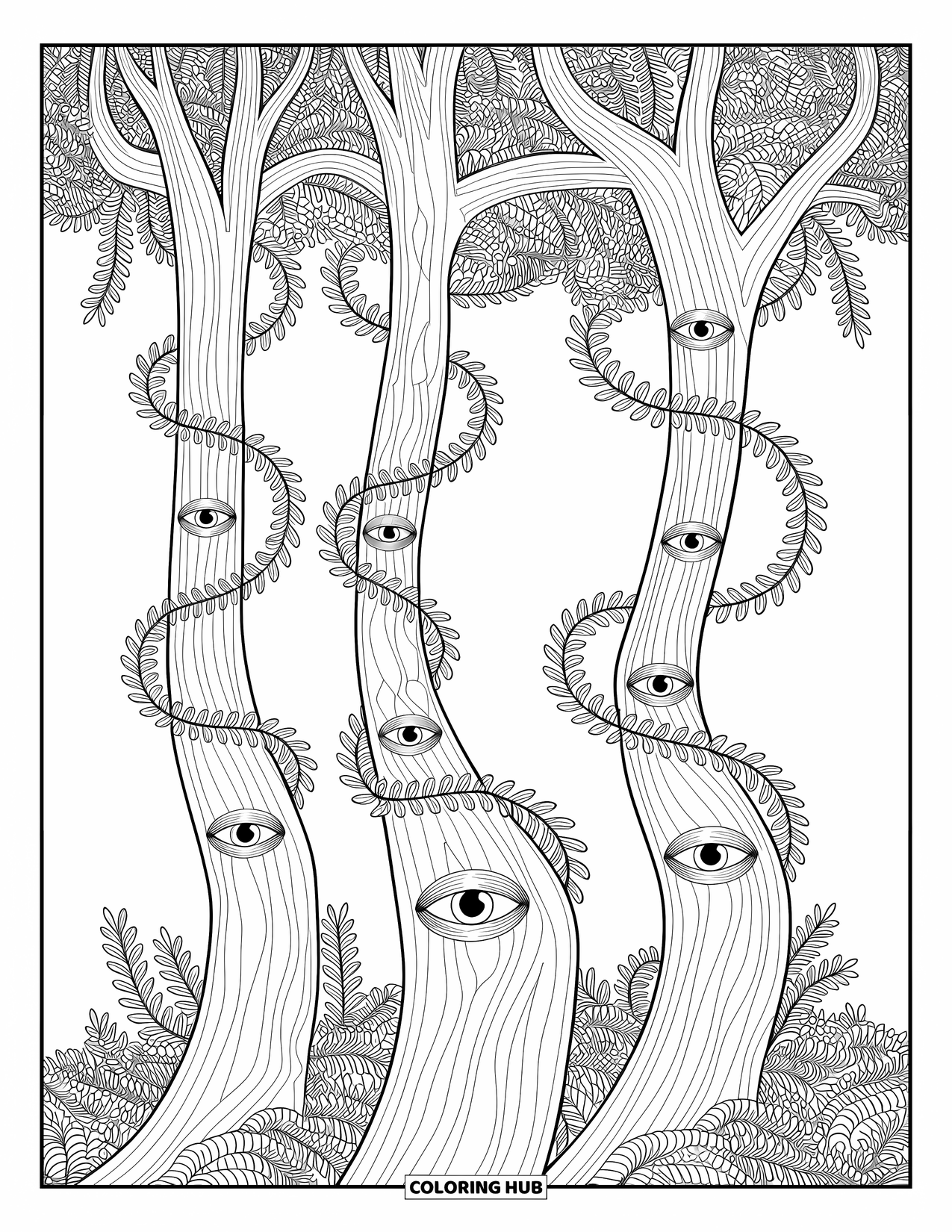 Creepy Trippy Coloring Page for Adults: A forest of twisted trees and human eyes wrapped in swirling, patterned vines