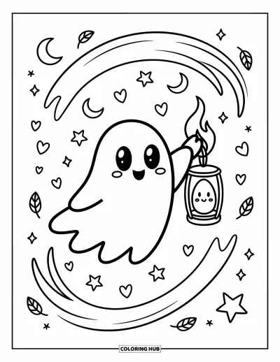 Disegno inquietante e psichedelico da colorare per adulti: Un fantasma amichevole deriva con una lanterna sorridente circondato da lune, stelle e foglie