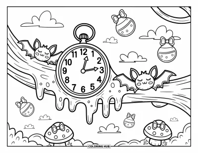 Disegno inquietante e psichedelico da colorare per adulti: Un orologio che si scioglie è sdraiato su un ramo d'albero, circondato da pozioni e funghi