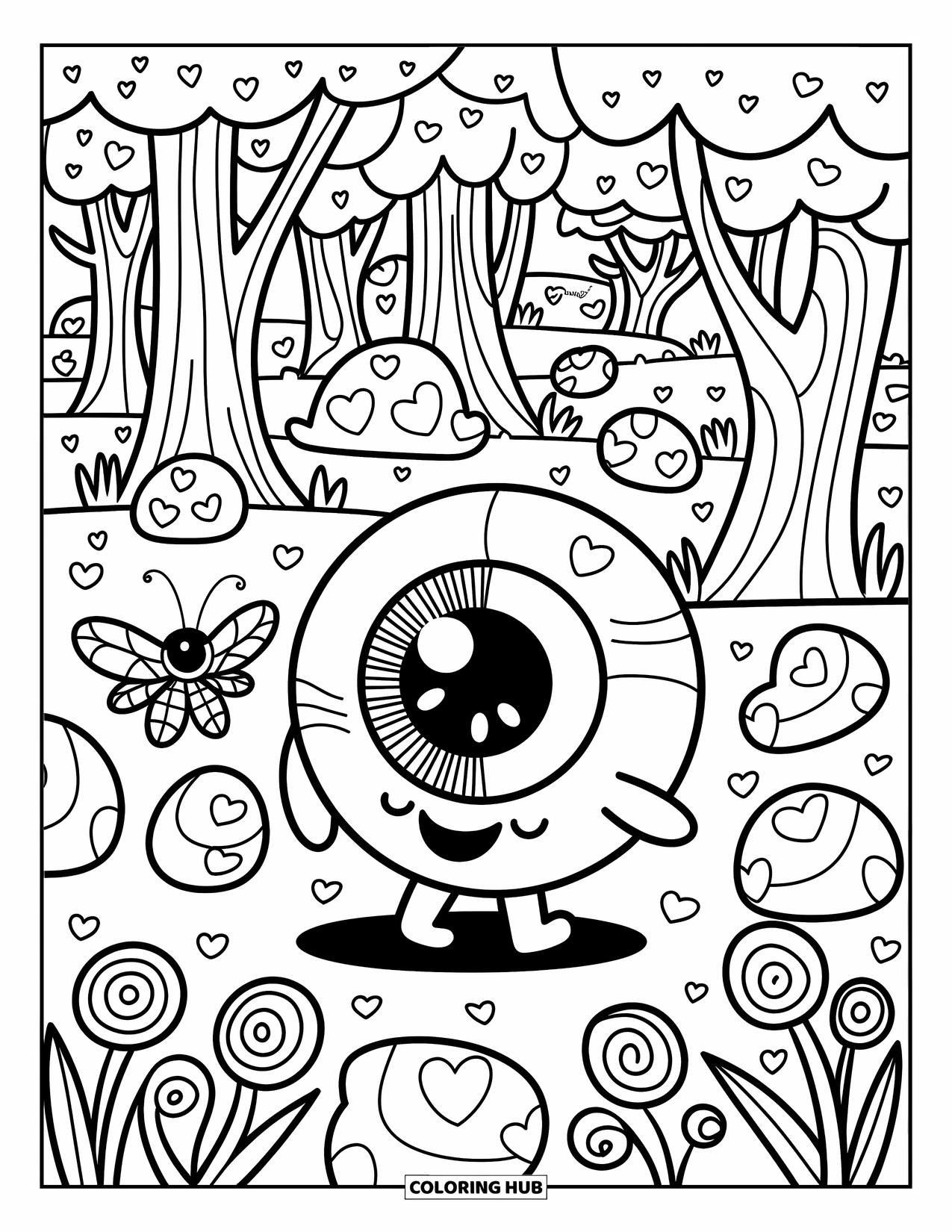 Creepy Trippy Coloring Page for Adults: A kawaii eyeball explores a whimsical forest with candy rocks and a curious moth