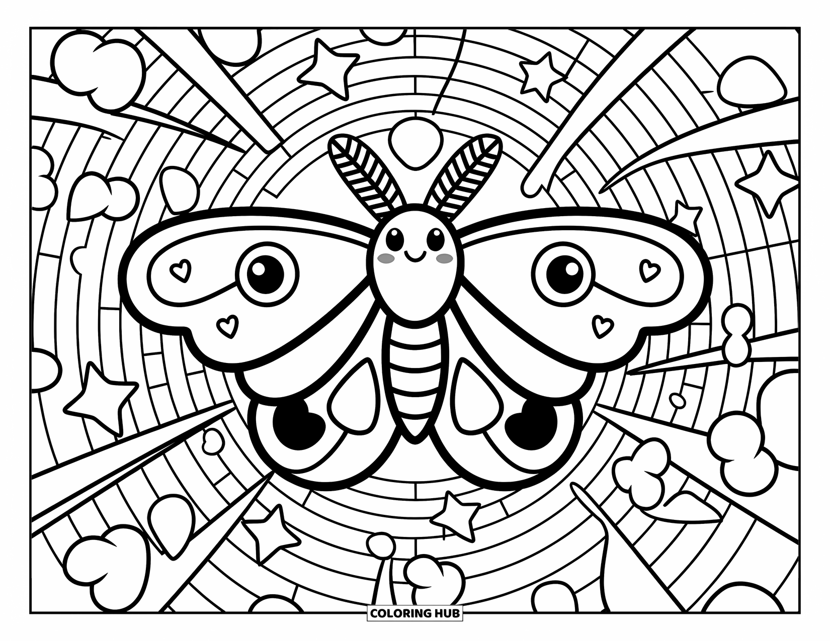 Creepy Trippy Coloring Page for Adults: A kawaii moth with heart-shaped wings flutters inside a tunnel of trippy patterns