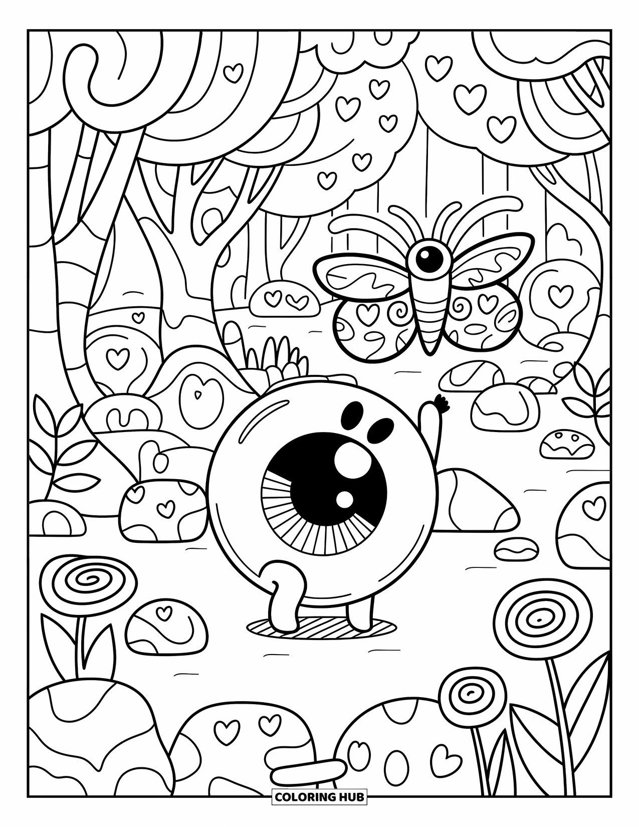 Creepy Trippy Coloring Page for Adults: A playful eyeball with tiny feet roams a forest of heart trees and spiral flowers