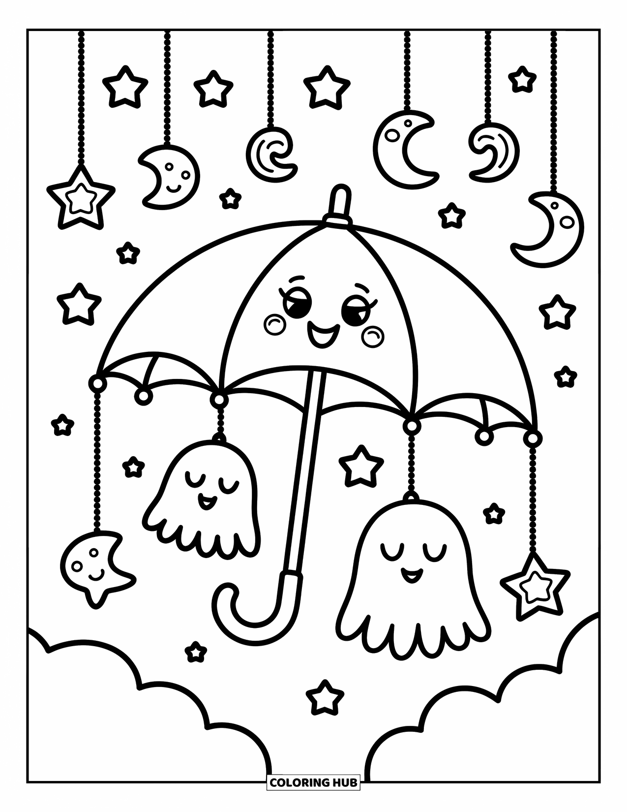 Creepy Trippy Coloring Page for Adults: A smiling umbrella floats in a breeze, catching candy-shaped stars and crescent moons