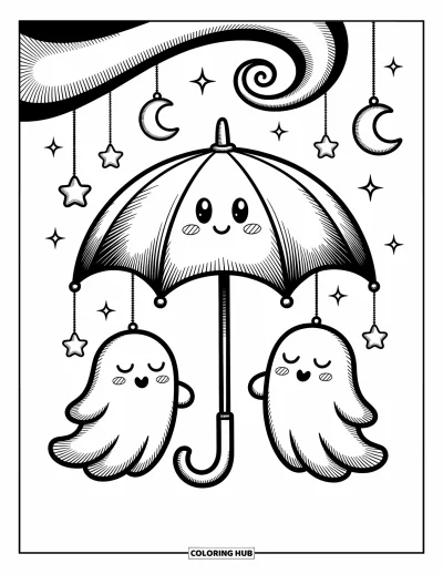 Disegno inquietante e psichedelico da colorare per adulti: Un ombrello sorridente fluttua in una brezza vorticosa con lune di caramella e fantasmini assonnati