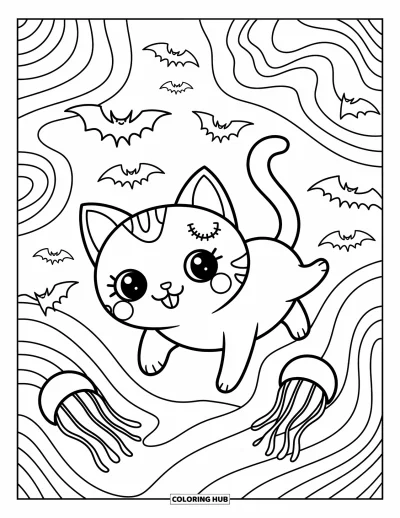 Disegno inquietante e psichedelico da colorare per adulti: Un gatto spettrale con un orecchio cucito fluttua insieme a pipistrelli e meduse capovolte