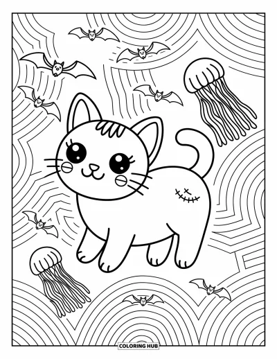 Disegno inquietante e psichedelico da colorare per adulti: Un gatto spettrale e carino con un orecchio cucito fluttua tra motivi vorticosi e pipistrelli giocosi
