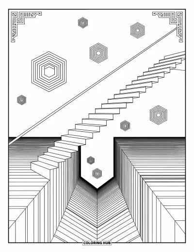 Disegno inquietante e psichedelico da colorare per adulti: Una scala fluttua sopra un abisso circondato da illusioni ottiche e simboli mistici