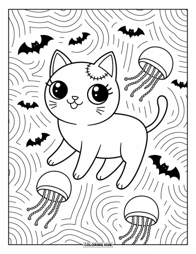 Disegno inquietante e psichedelico da colorare per adulti: Un gatto ricucito fluttua tra un vortice di pipistrelli giocosi e meduse vaganti