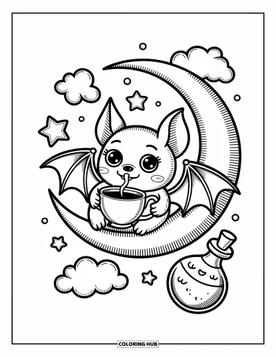 Disegno inquietante e psichedelico da colorare per adulti: Un pipistrello con ali tozze sorseggia da una tazza di tè mentre fluttua tra stelle e nuvole arricciate