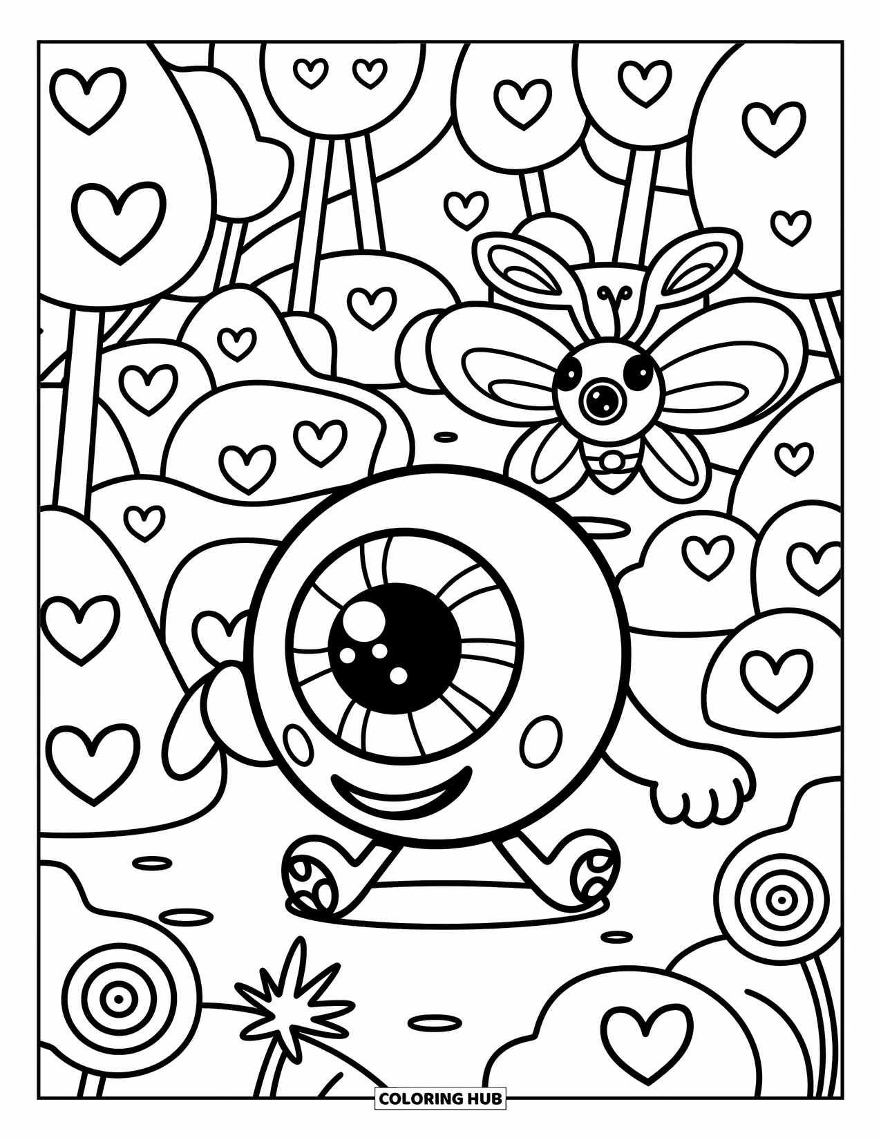 Creepy Trippy Coloring Page for Adults: A tiny-footed eyeball wanders through a forest of candy rocks, heart trees, and flowers