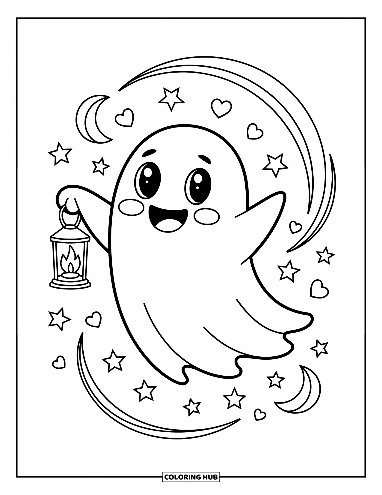 Creepy Trippy Coloring Page for Adults: A tiny ghost with a wide smile floats with a lantern through a breeze of tiny stars