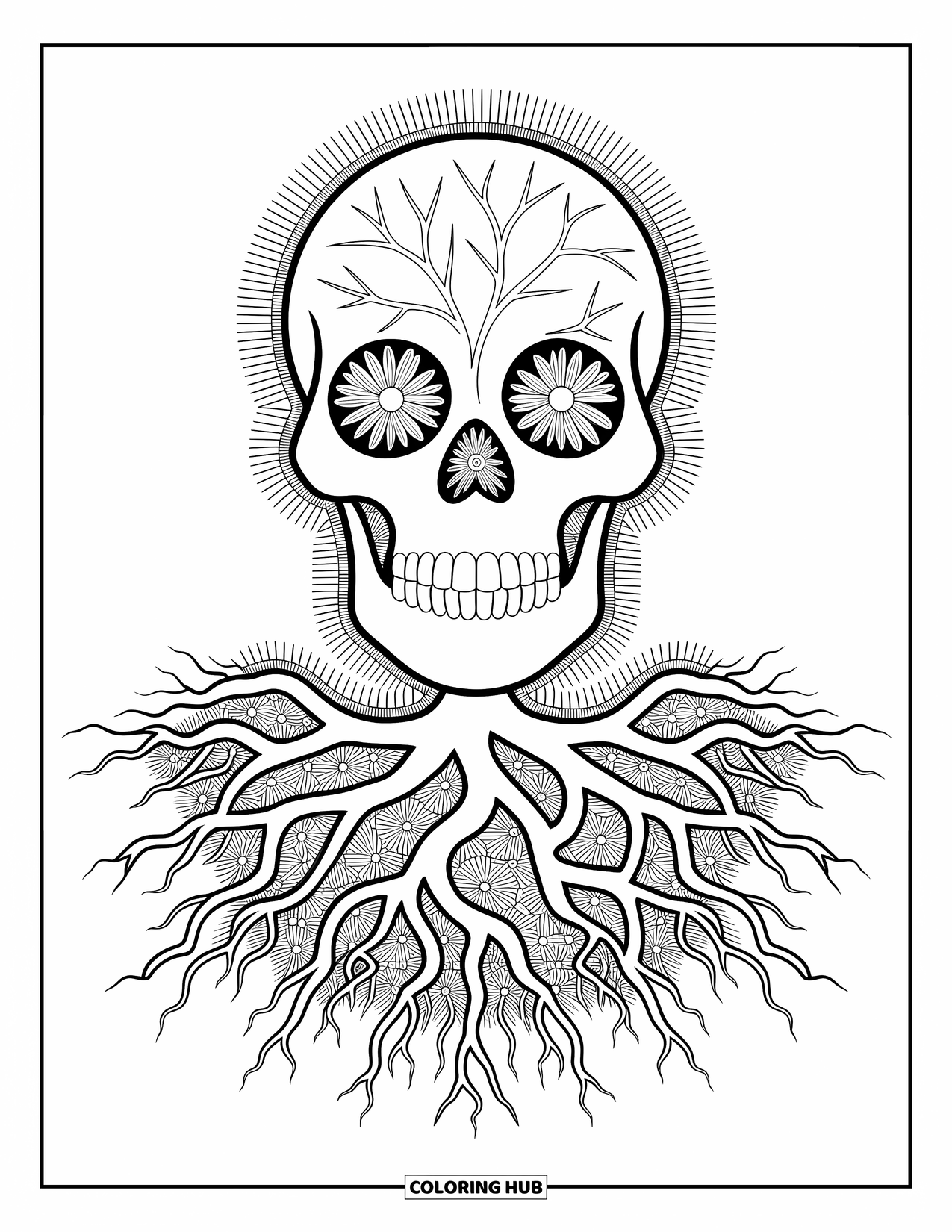 Creepy Trippy Coloring Page for Adults: A twisted network of roots forms a skull with hidden faces and blooming veins