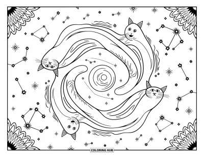 Disegno inquietante e psichedelico da colorare per adulti: Un vortice di gatti eleganti con il terzo occhio danza tra costellazioni e onde