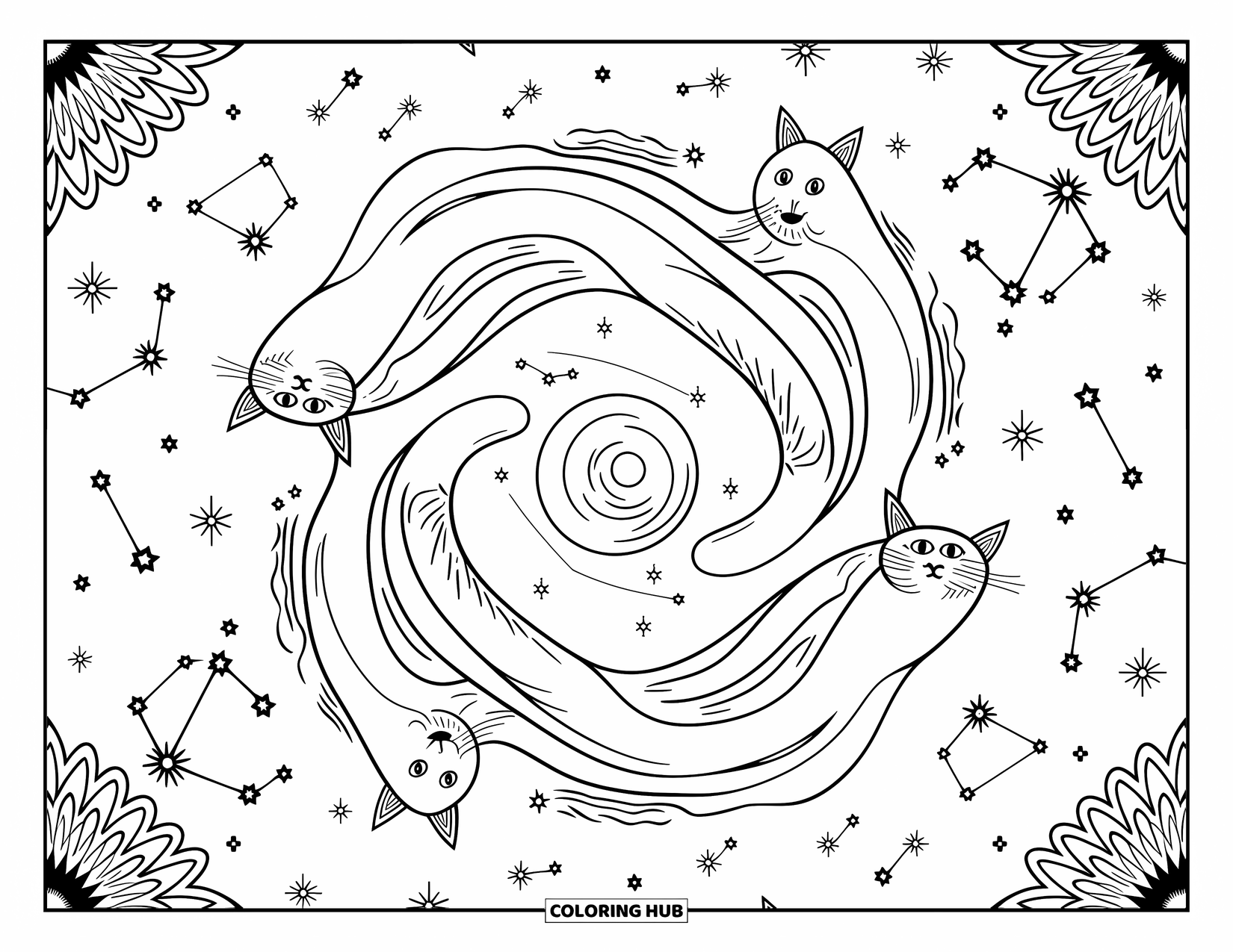 Creepy Trippy Coloring Page for Adults: A vortex of sleek cats with third eyes dances among constellations and waveforms