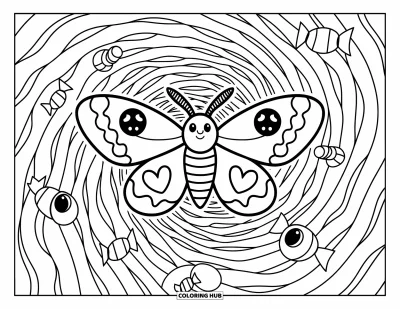 Disegno inquietante e psichedelico da colorare per adulti: Una falena fantasiosa con ali asimmetriche danza in un tunnel vorticoso e incantato