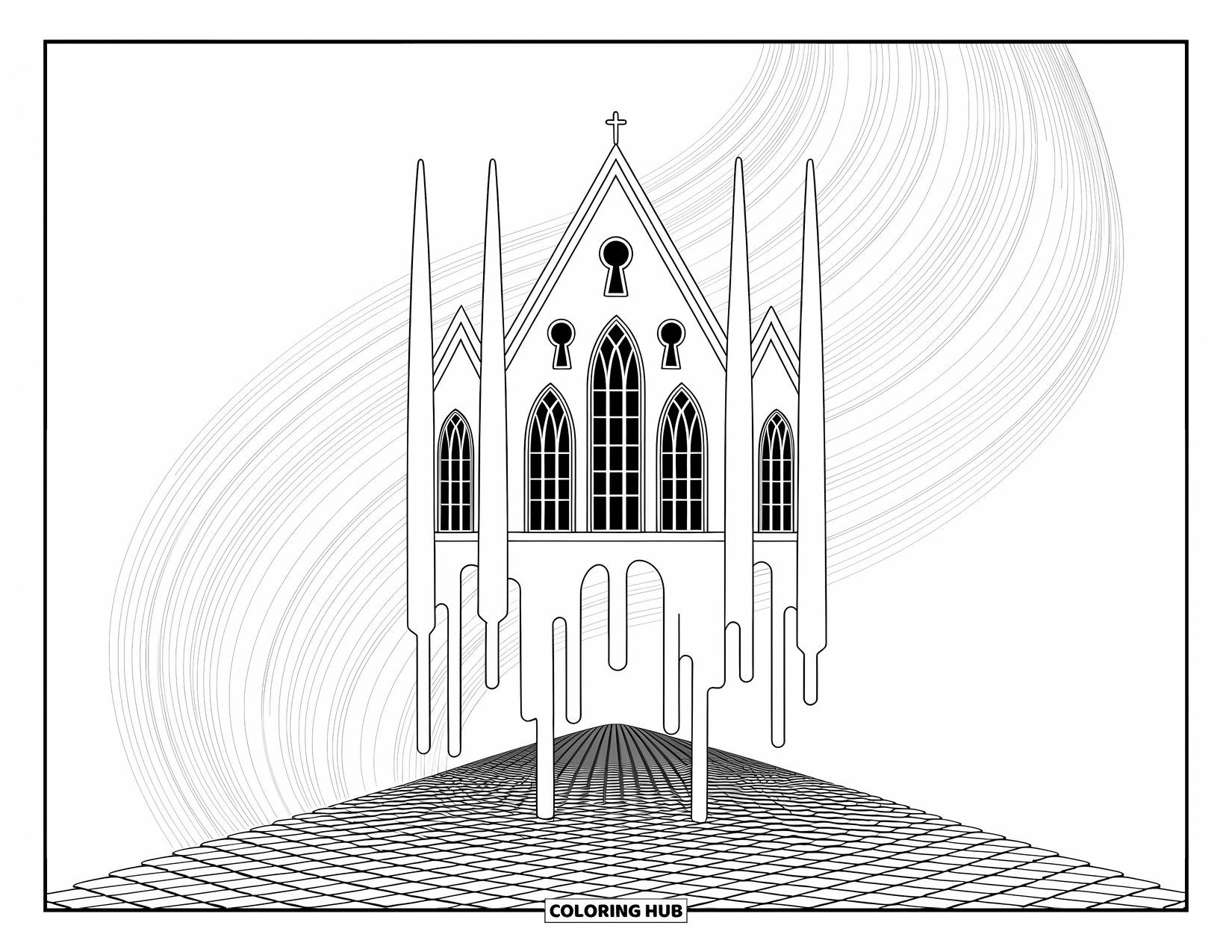 Creepy Trippy Coloring Page for Adults: An abstract cathedral with melting arches floats above a cobbled illusion floor