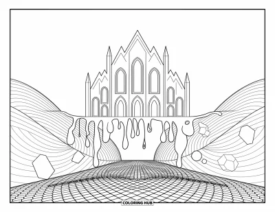Disegno inquietante e psichedelico da colorare per adulti: Una cattedrale astratta con archi che si sciolgono si erge sopra un pavimento illusorio acciottolato