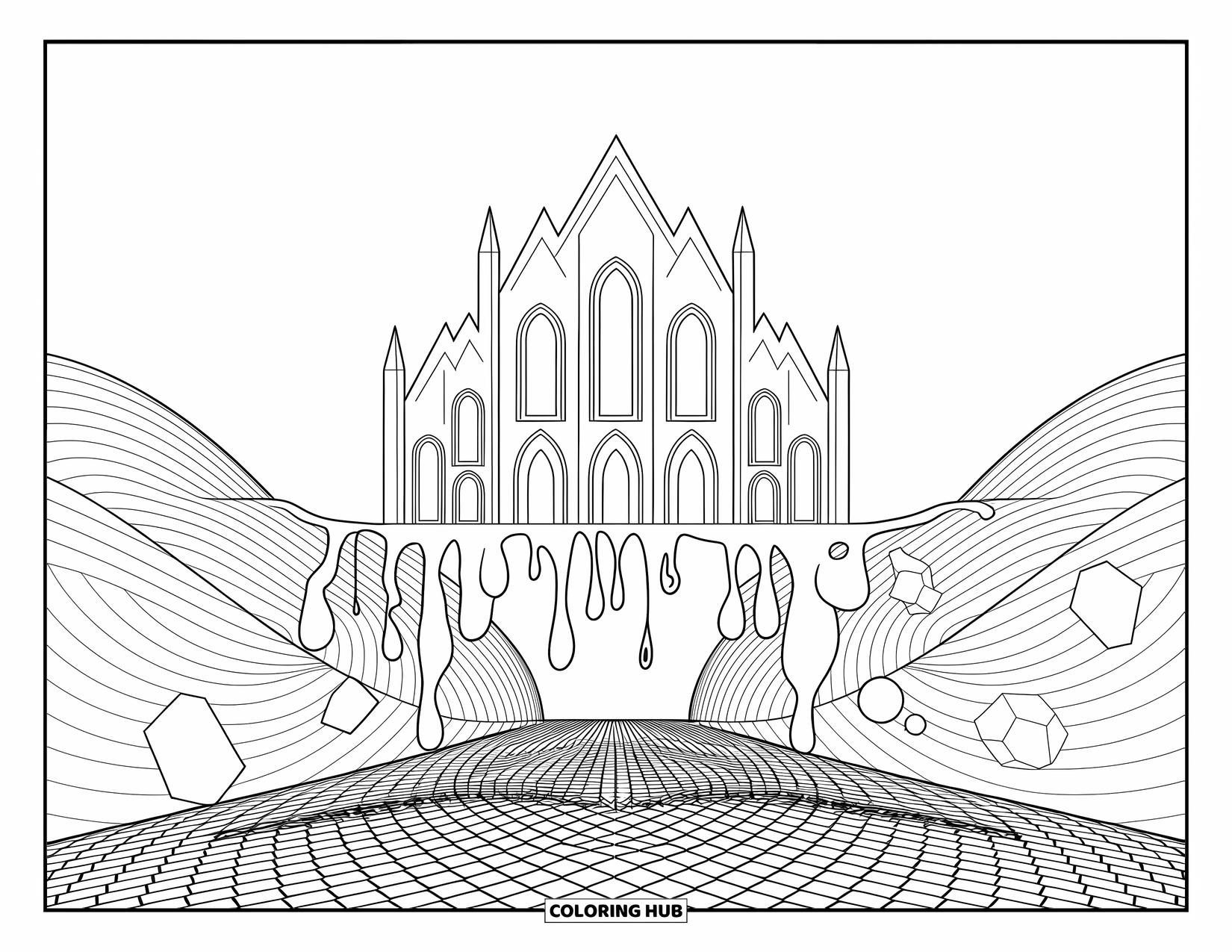 Creepy Trippy Coloring Page for Adults: An abstract cathedral with melting arches rises above a cobbled illusion floor