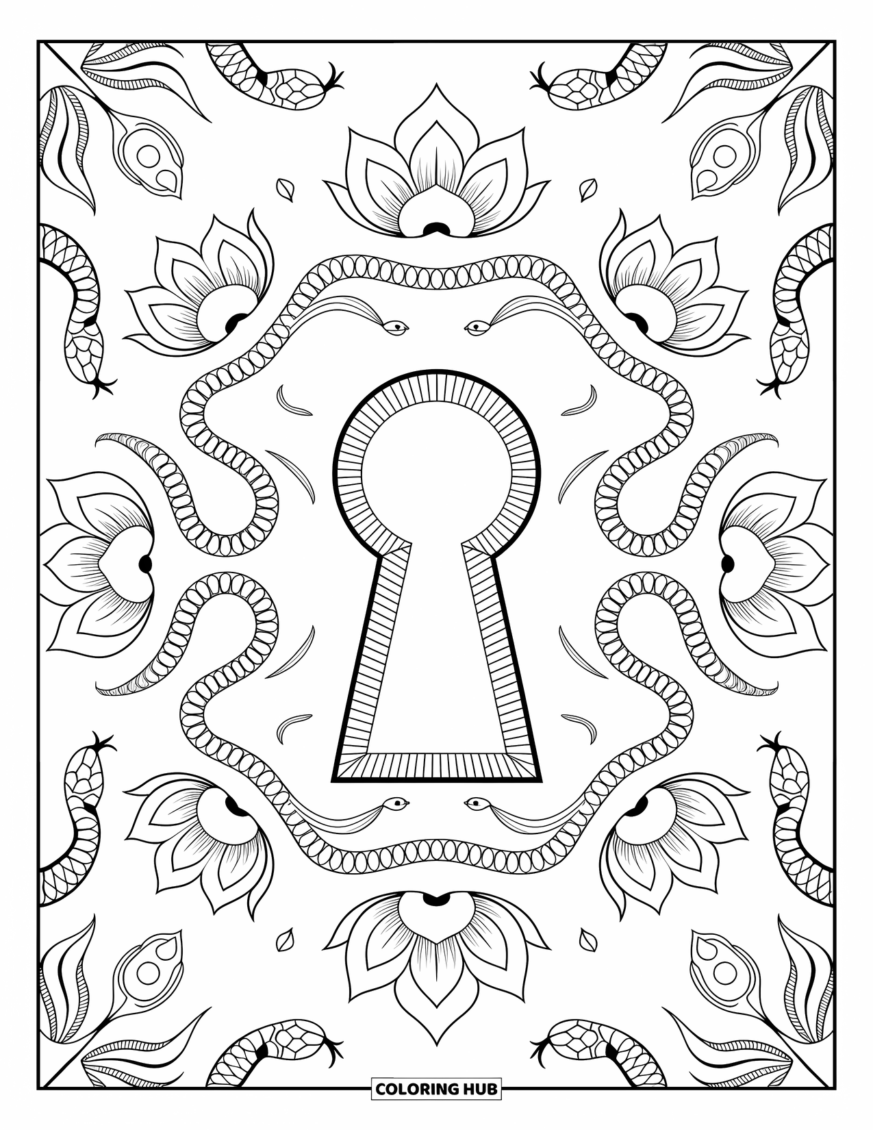 Creepy Trippy Coloring Page for Adults: An ancient keyhole is surrounded by snakes and lotus flowers forming a radial design