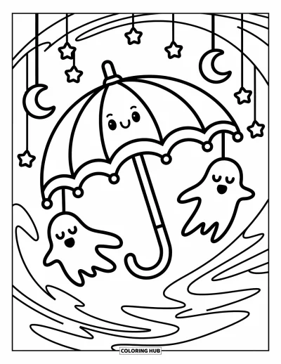 Disegno inquietante e psichedelico da colorare per adulti: Un ombrello con un volto felice deriva tra stelle cadenti e fantasmini assonnati appesi
