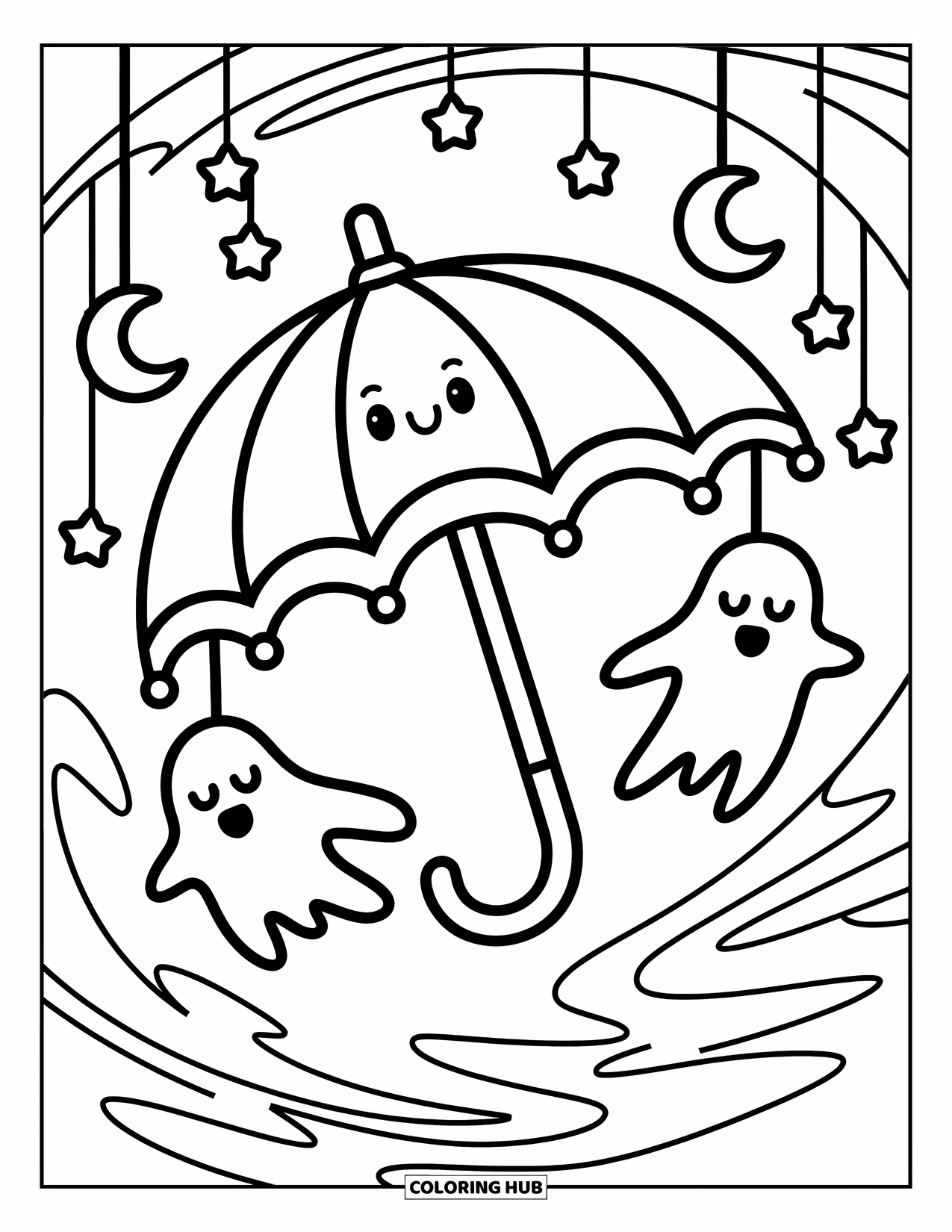 Creepy Trippy Coloring Page for Adults: An umbrella with a happy face drifts with falling stars and sleepy hanging ghosts