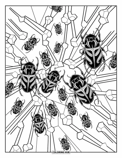 Disegno inquietante e psichedelico da colorare per adulti: Scarabei con motivi intricati strisciano su campi vorticosi di forme geometriche ossee