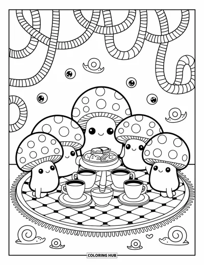 Disegno inquietante e psichedelico da colorare per adulti: Simpatici funghi con gambette tozze si riuniscono per un rilassante tè su un tappeto a scacchi
