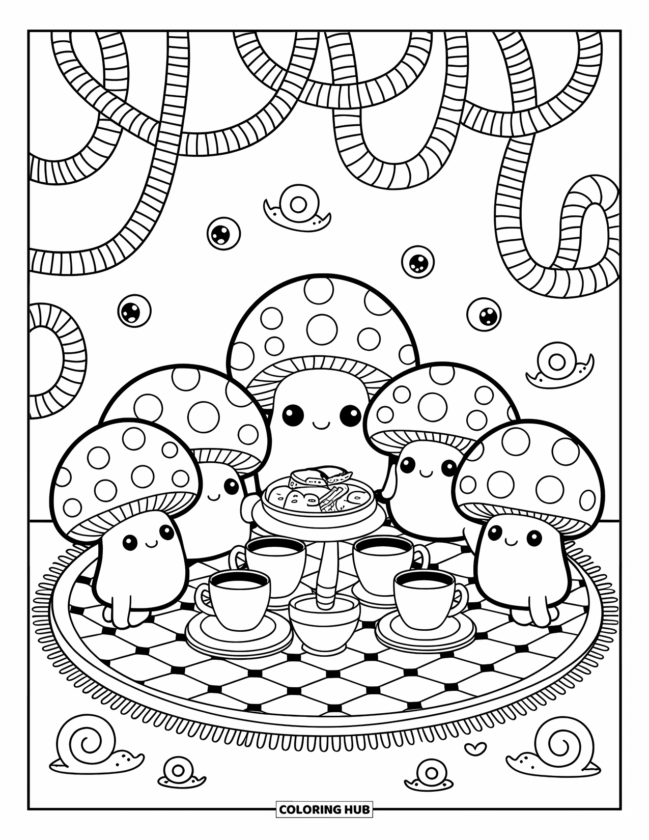 Creepy Trippy Coloring Page for Adults: Cute mushrooms with stubby legs gather for a cozy tea party on a checkerboard mat