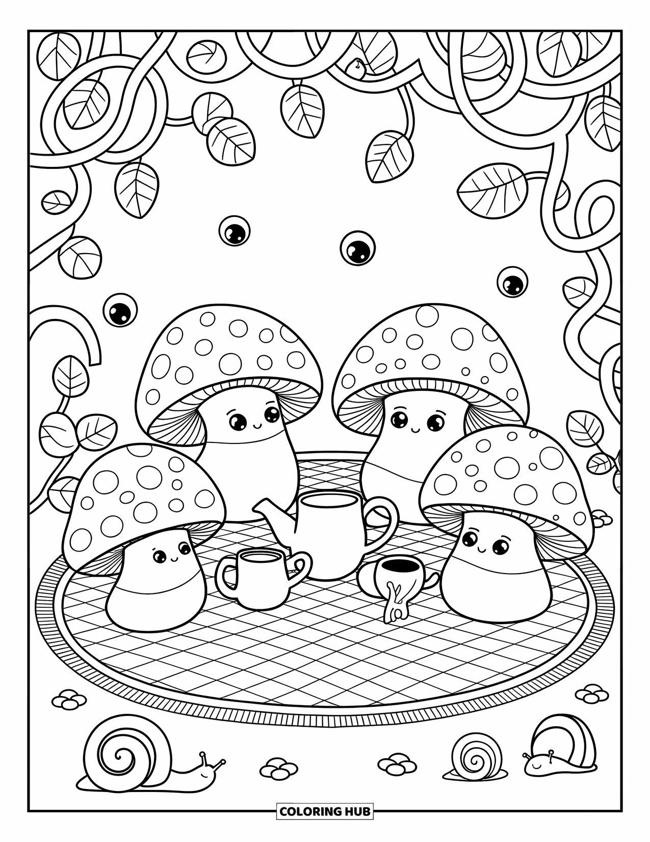 Creepy Trippy Coloring Page for Adults: Cute mushrooms with stubby legs gather for a tea party on a trippy checkerboard mat