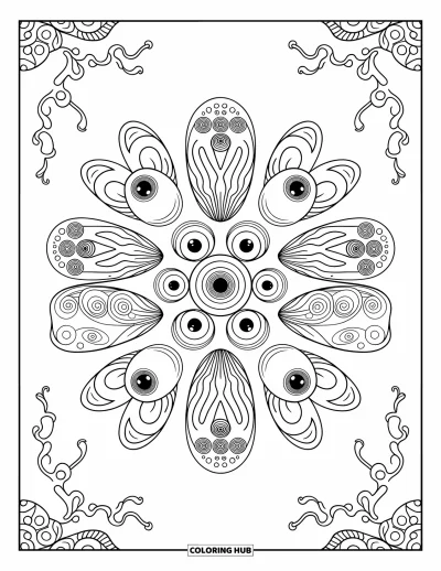 Disegno inquietante e psichedelico da colorare per adulti: Occhi, ali di falena e cappelli di fungo formano un mandala vorticoso e intricato