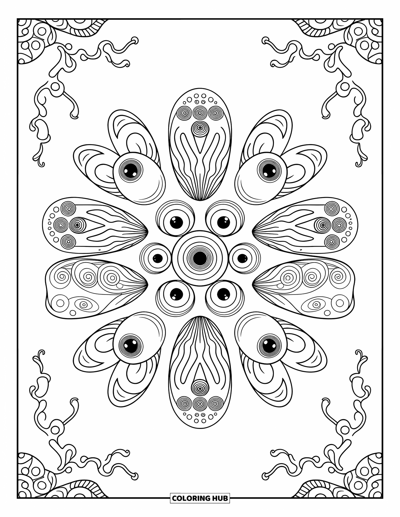 Creepy Trippy Coloring Page for Adults: Eyeballs, moth wings, and mushroom caps form a swirling, intricate mandala