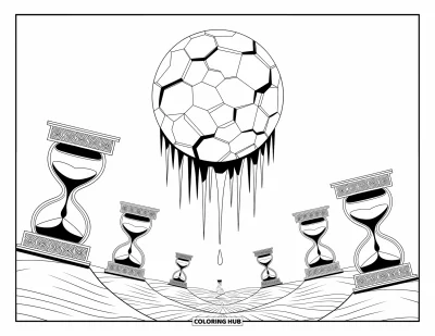 Disegno inquietante e psichedelico da colorare per adulti: Statue senza volto e clessidre deformate si ergono sotto una luna fratturata e gocciolante
