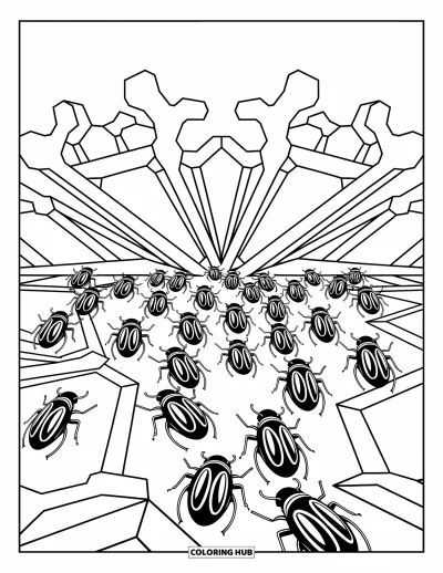 Disegno inquietante e psichedelico da colorare per adulti: Scarabei speculari scorrono su un paesaggio di motivi ossei geometrici e vorticosi