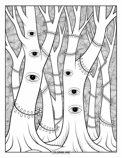 Disegno inquietante e psichedelico da colorare per adulti: Alberi con occhi solenni e viticci a spirale si intrecciano in una foresta surreale e intricata