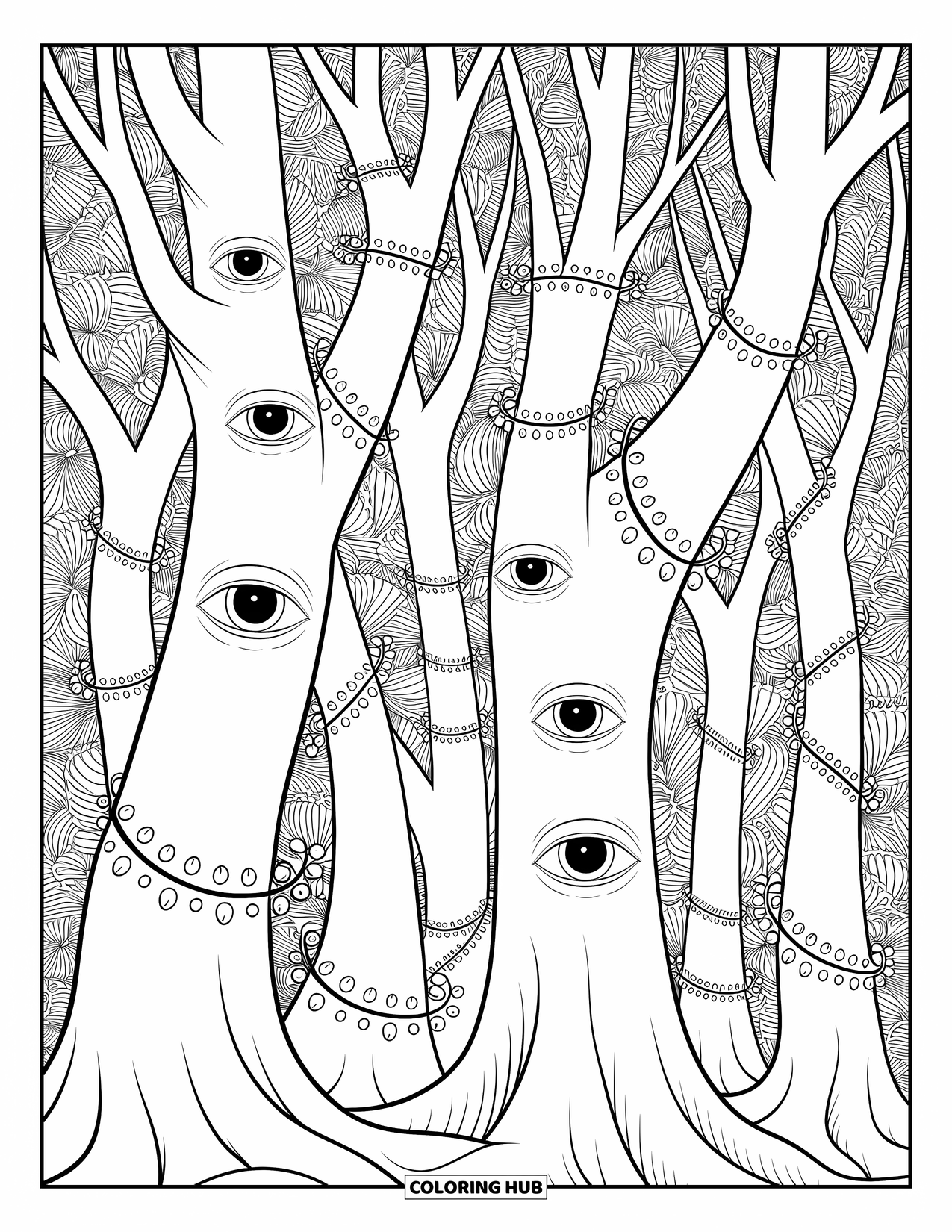 Creepy Trippy Coloring Page for Adults: Trees with solemn eyes and spiraling vines weave through a surreal, intricate forest