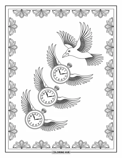 Disegno inquietante e psichedelico da colorare per adulti: Orologi da tasca vittoriani si srotolano mentre corvi emergono e volano tra motivi vorticosi
