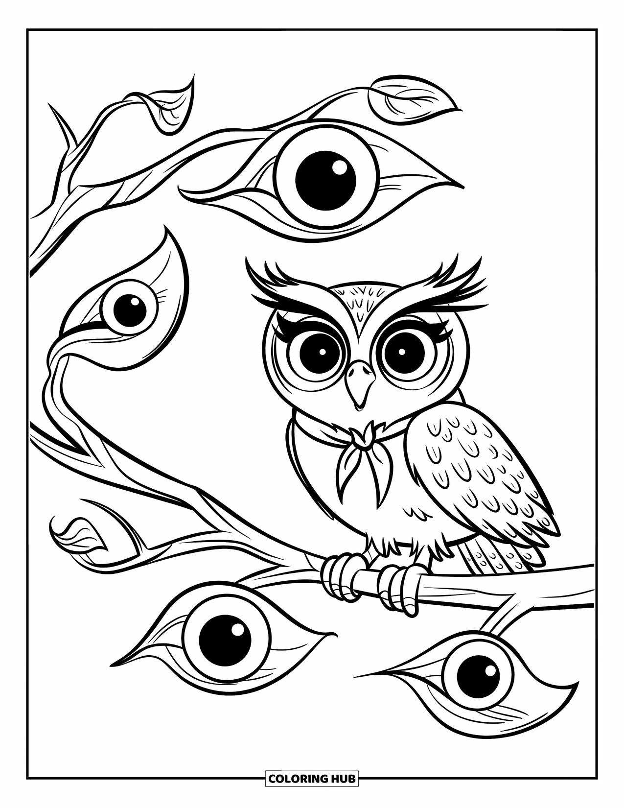 Creepy Trippy Coloring Page for Kids: A big-eyed owl wearing a scarf balances on a bending branch with eye-shaped leaves