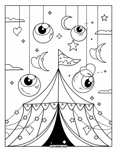 Disegno inquietante e psichedelico da colorare per bambini: Un tendone da circo con cuori fluttuanti, lune e occhi sorridenti si trova sotto un cielo sereno