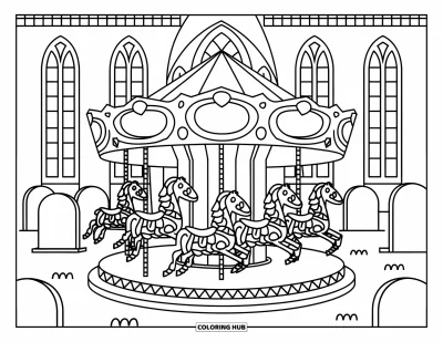 Disegno inquietante e psichedelico da colorare per bambini: Una giostra di cavalli scheletrici si trova in un cimitero vicino a una chiesa gotica imponente