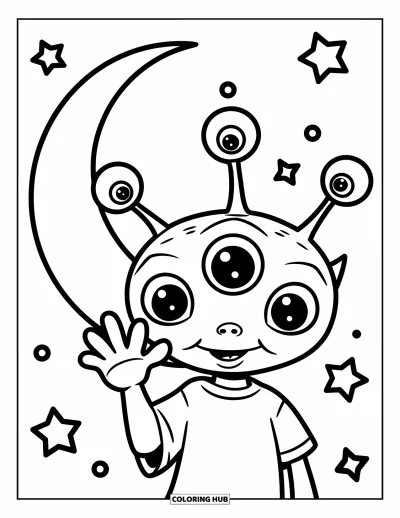 Disegno inquietante e psichedelico da colorare per bambini: Un alieno allegro con tre occhi e una maglia gialla saluta sotto una luna crescente