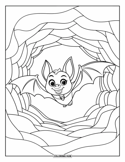 Disegno inquietante e psichedelico da colorare per bambini: Un pipistrello allegro con un mantello vola tra forme ondulate sotto un cielo sereno