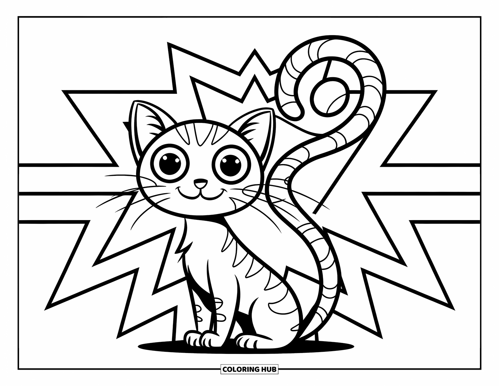 Creepy Trippy Coloring Page for Kids: A cheerful cat with spiraling tail and big eyes poses before playful zigzag lines