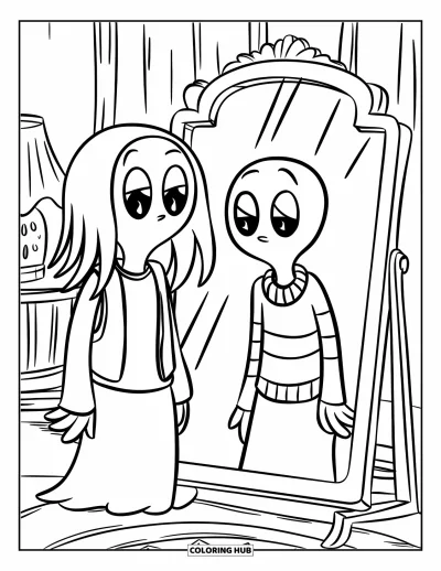 Disegno inquietante e psichedelico da colorare per bambini: Un fantasma adolescente curioso vede un riflesso distorto di sé stesso con un maglione a righe e la schiena curva