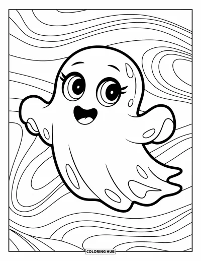 Disegno inquietante e psichedelico da colorare per bambini: Un simpatico fantasma dagli occhi grandi fluttua tra motivi vorticosi e psichedelici