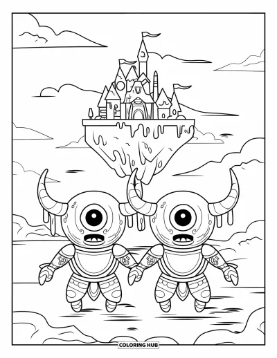 Disegno inquietante e psichedelico da colorare per bambini: Un castello fluttuante aleggia sopra le nuvole, custodito da creature corazzate con un solo occhio