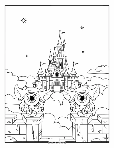 Disegno inquietante e psichedelico da colorare per bambini: Un castello fluttuante è custodito da due creature gemelle con un solo occhio, corna che sgocciolano e armature